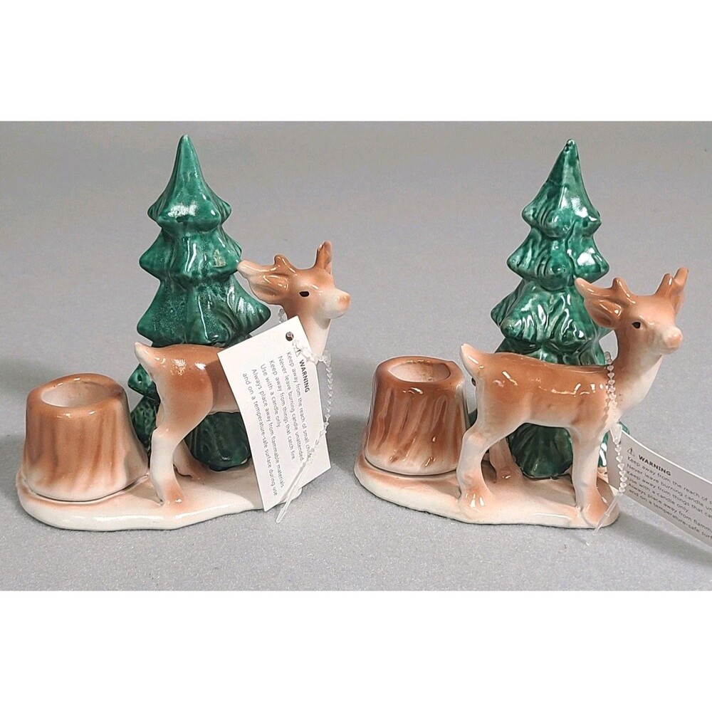 RED SHED Porcelain Coated CAST IRON CANDLE HOLDERS 2 Deer Christmas Tree NWT